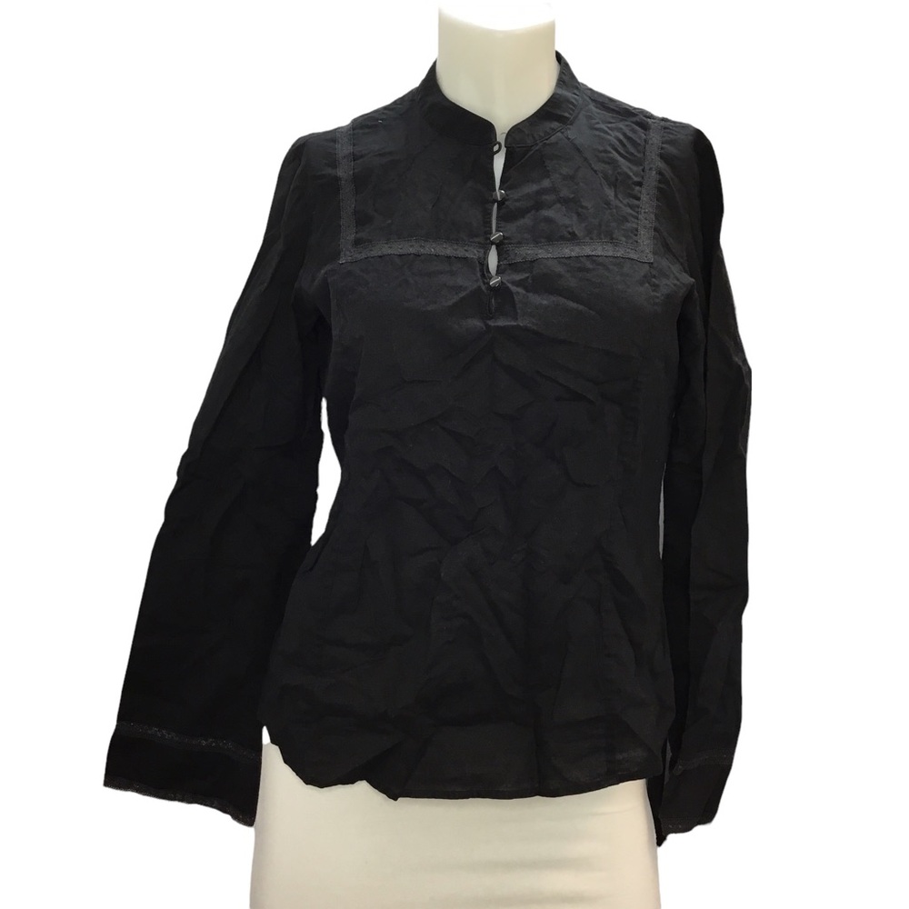 J. Crew Black Embroidered Peasant Boho Top Blouse V Neck Button